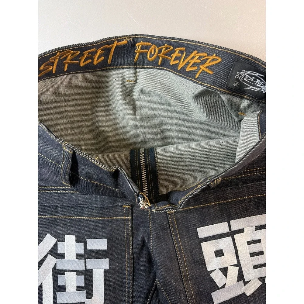 VINKID Kanji Graphic Jeans Mens Small Dark Indigo Wide Leg Streetwear Denim